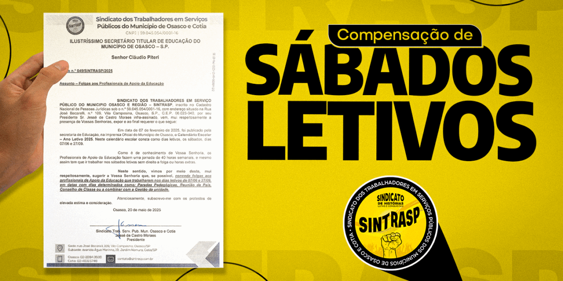 Sintrasp sugere escala de folgas para Profissionais do Apoio da Educação em atividade nos sábados letivos de 2025