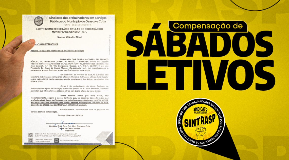 Sintrasp sugere escala de folgas para Profissionais do Apoio da Educação em atividade nos sábados letivos de 2025