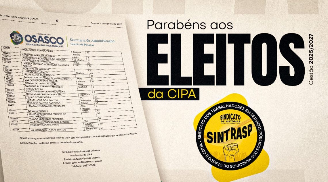 CIPA 2025/2027 | Sintrasp parabeniza os candidatos e deseja um excelente trabalho aos eleitos