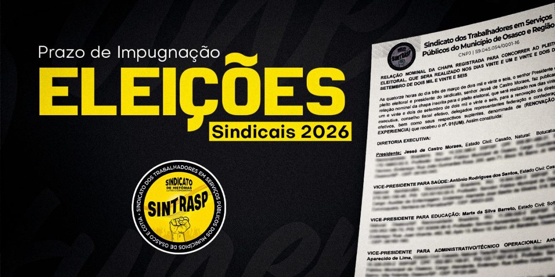 Publicada a relação nominal da única chapa inscrita para as eleições sindicais. Prazo de impugnação é de 24 horas