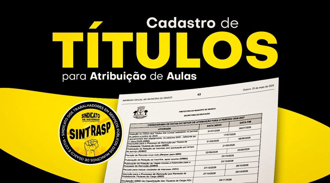 Cadastro de Títulos para Atribuição de Aulas começa nesta quarta, 1º de julho, e vai até o dia 8